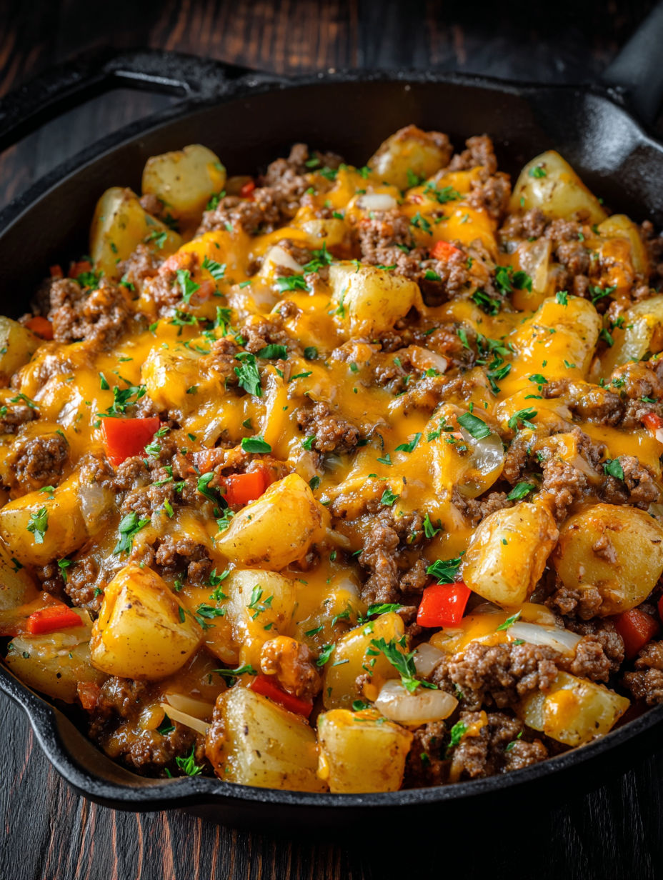 A delicious one-pan dinner of cheesy potatoes and meat.