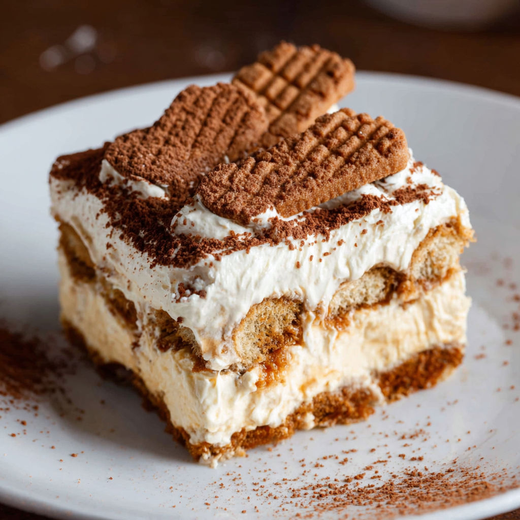 A slice of biscoff tiramisu on a plate.