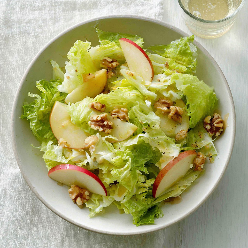 A bowl of salad with apples and walnuts.