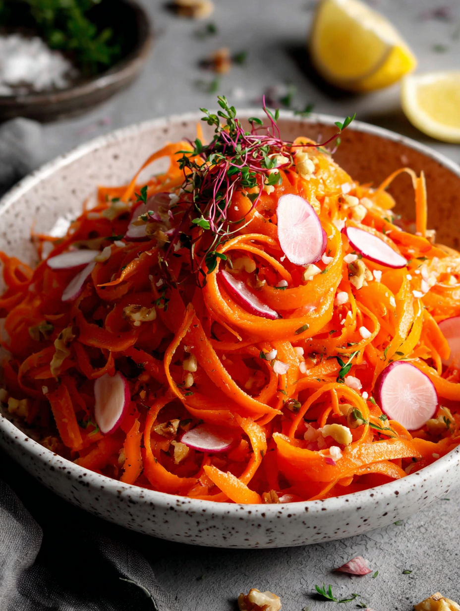 A bowl of food with a pile of carrots and other vegetables.