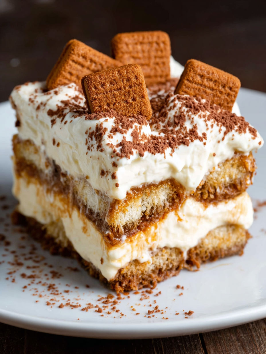 A slice of biscoff tiramisu on a plate.