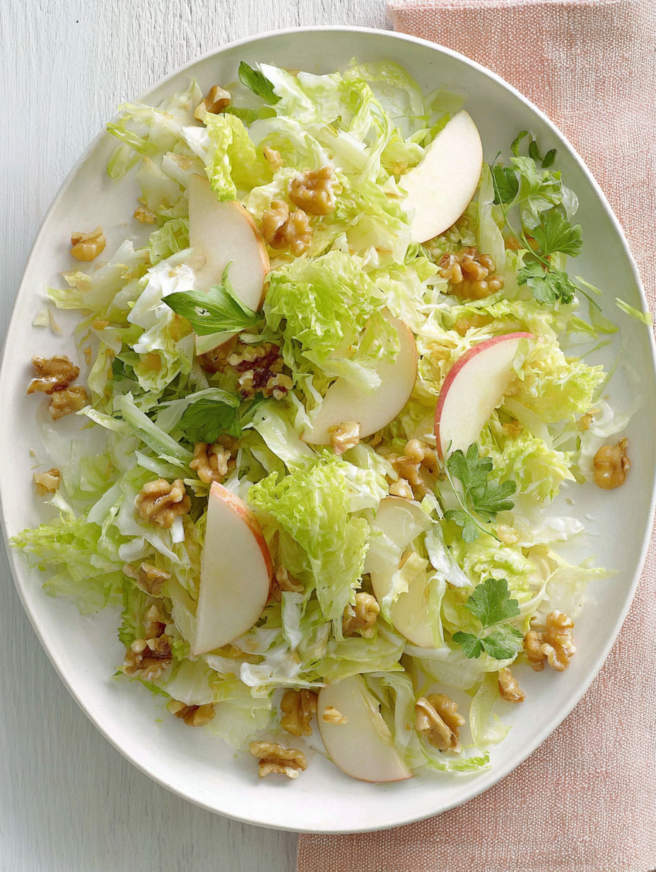 A white plate with a salad of lettuce, apples, and walnuts.