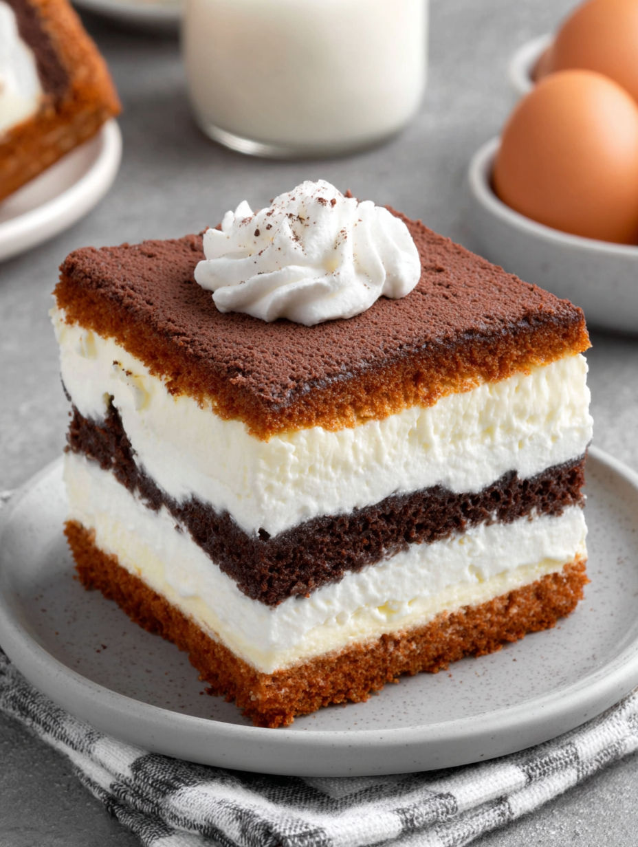 A slice of cake with white frosting and chocolate.