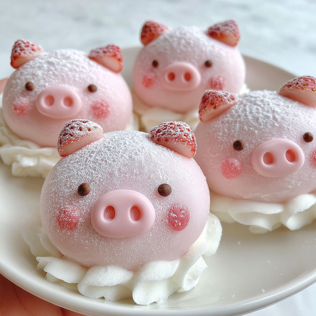 Pink piggy mochi with strawberries on top.