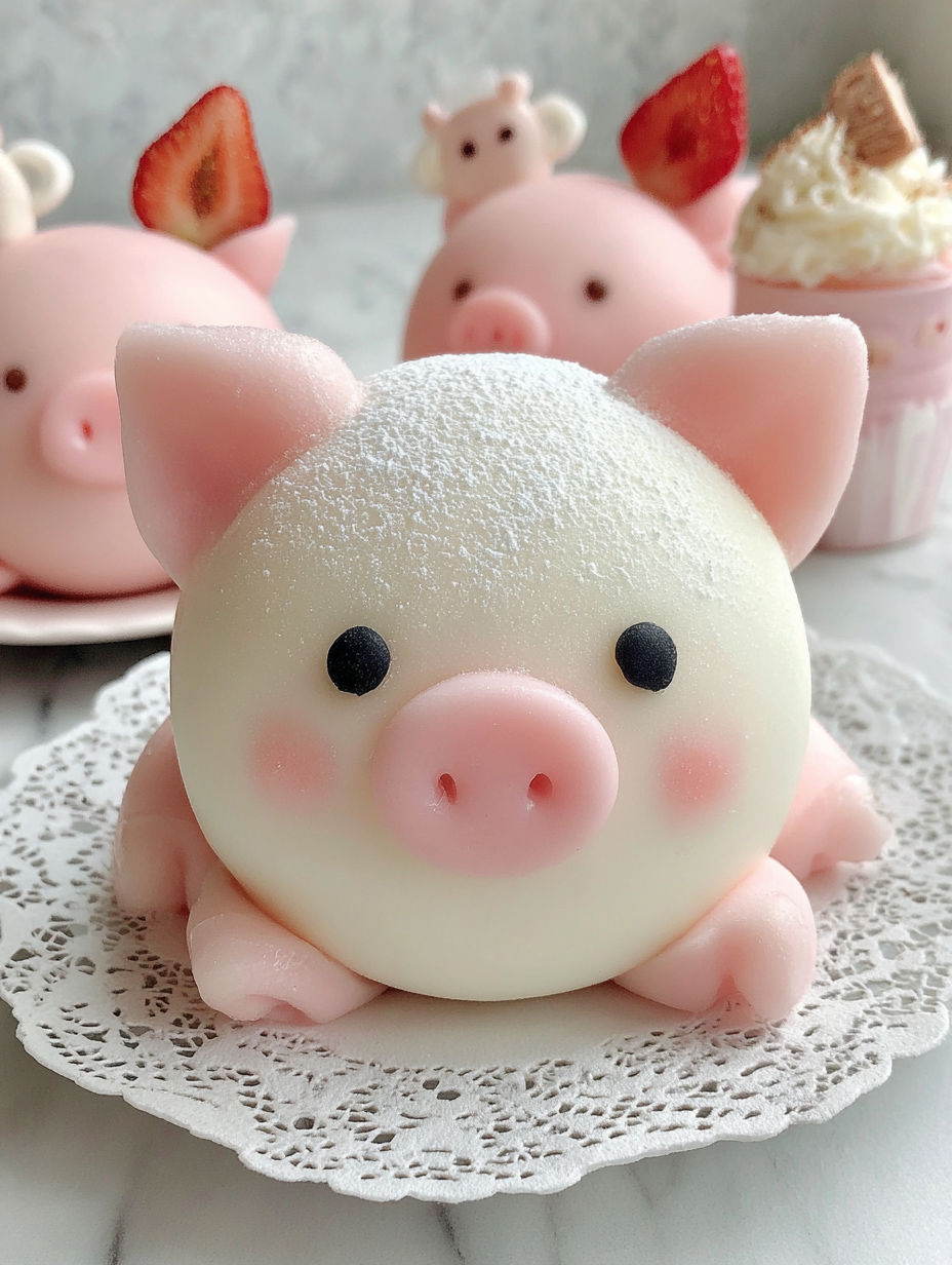 A pink cake with a pig face and strawberries on top.