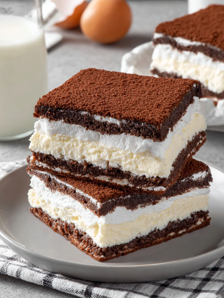 A stack of brownies with white frosting.