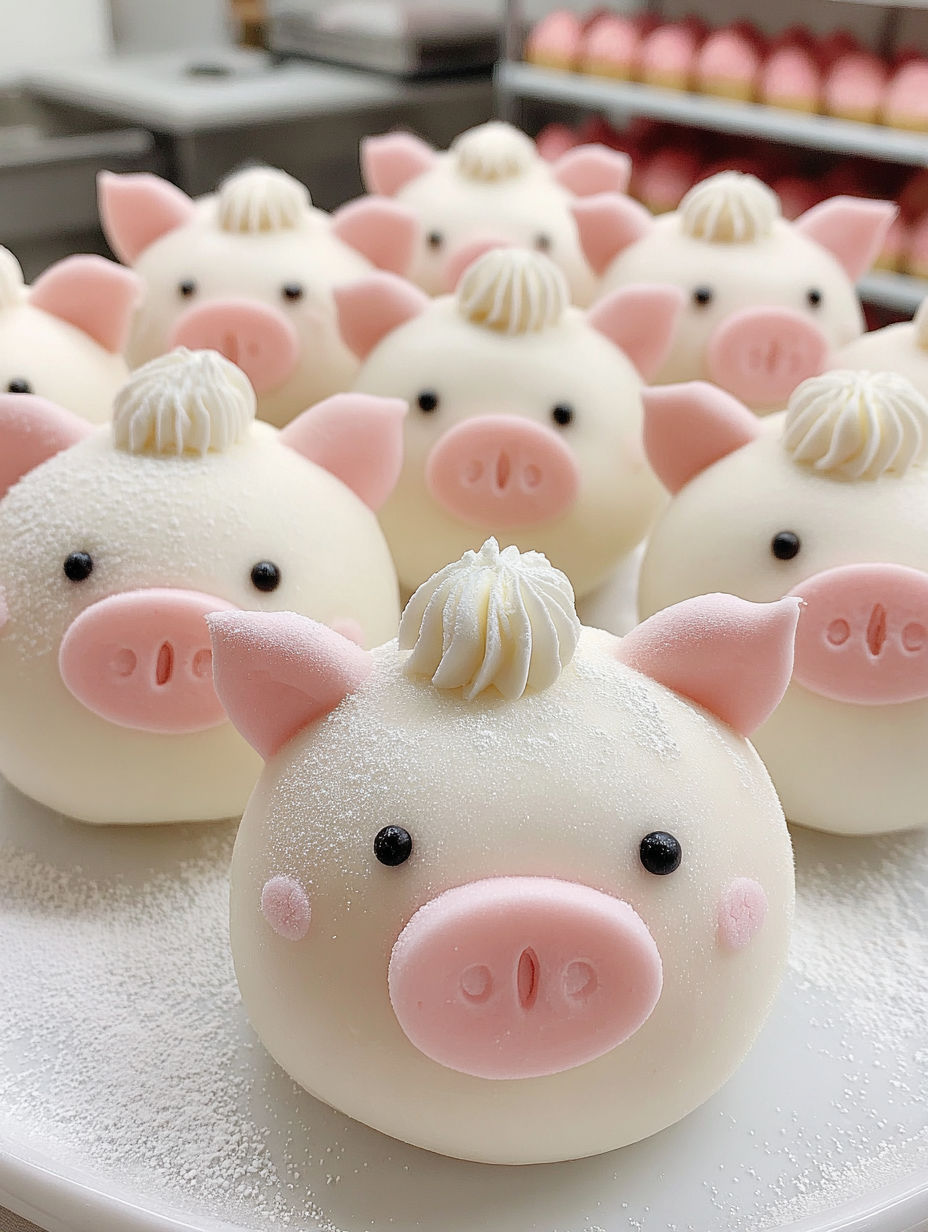 Pink frosted pig cake with white frosting and black eyes.