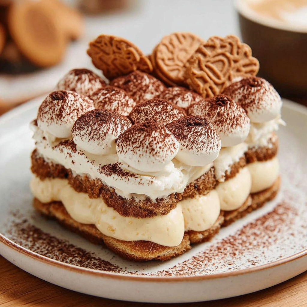 A Lotus Tiramisu dessert on a plate.