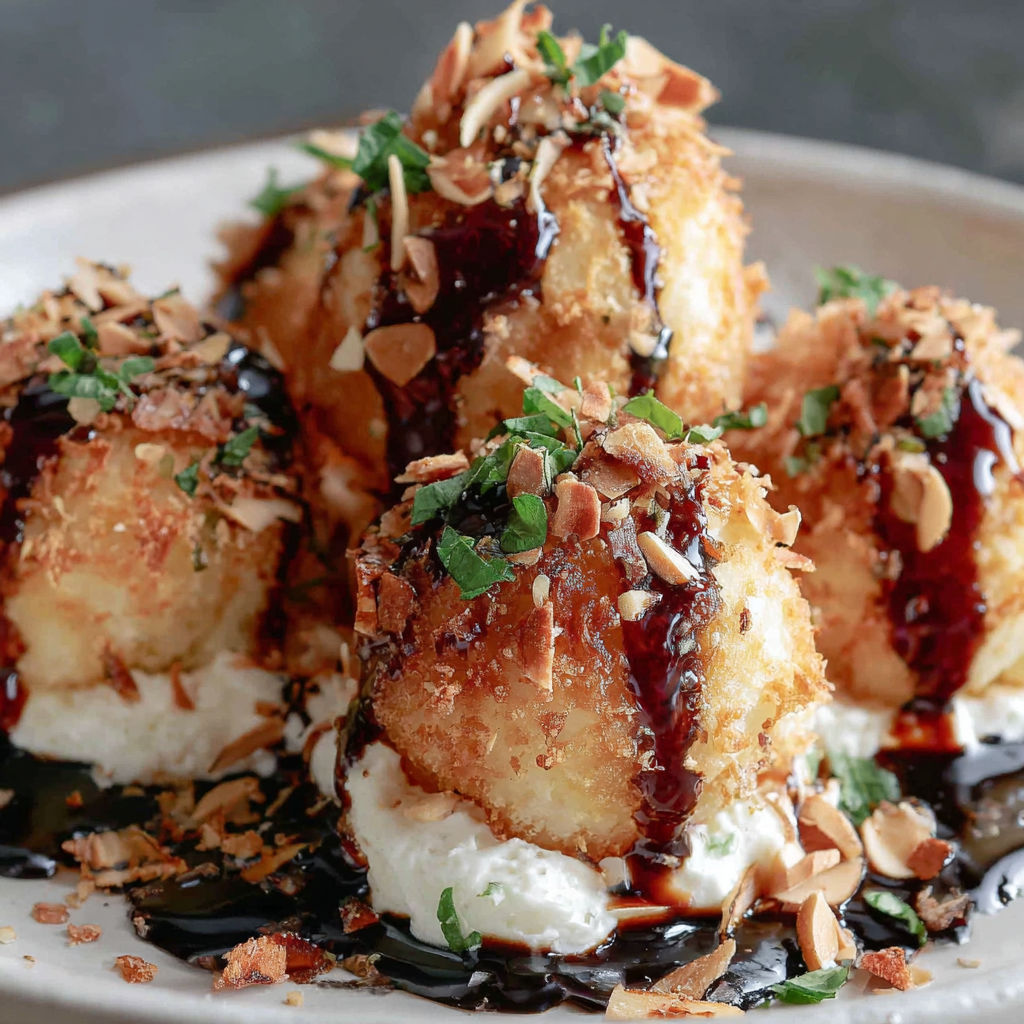A plate of food with Parmesan creme balls and white sauce.