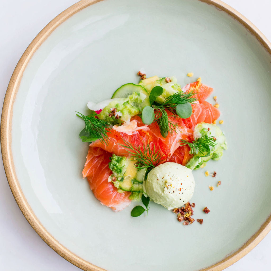 A plate of food with a salad and fish.
