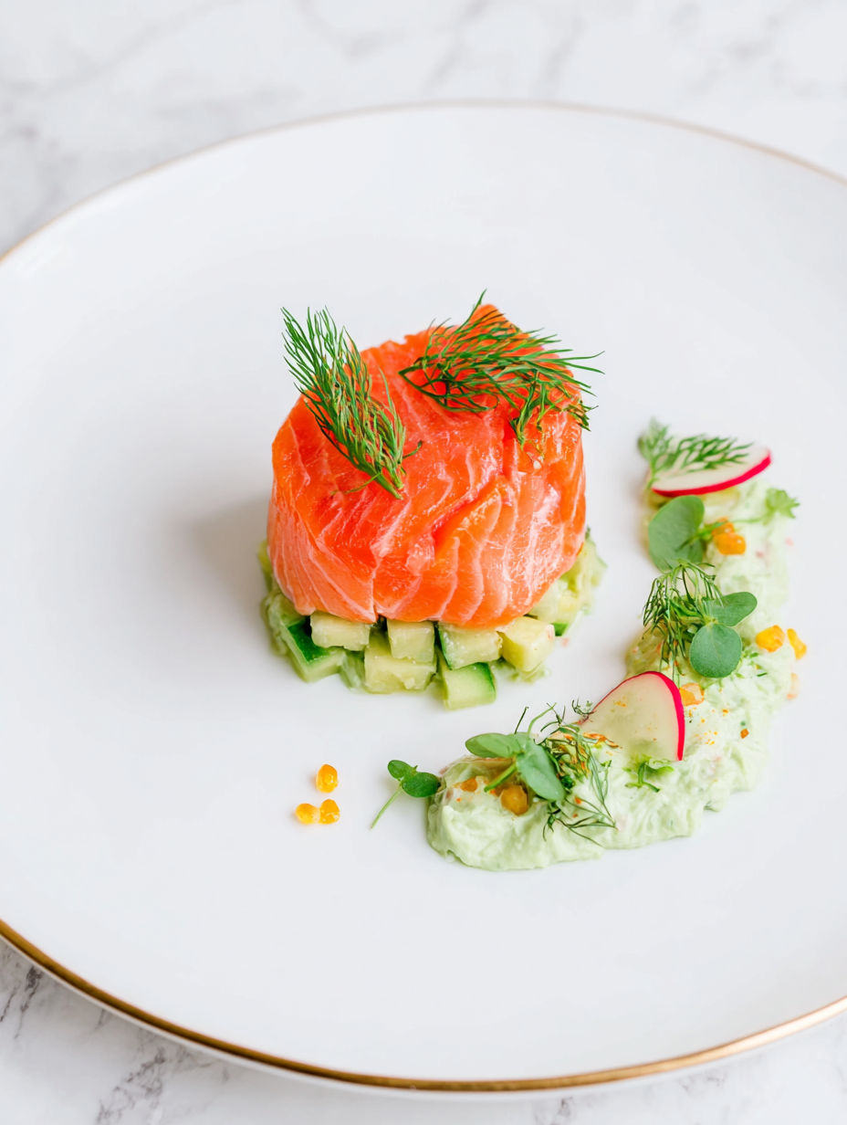 A plate of food with a salad and a piece of fish.