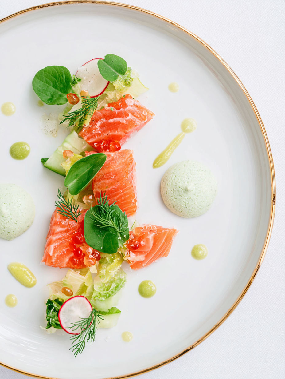 A plate of food with salmon, radishes, and cucumbers.