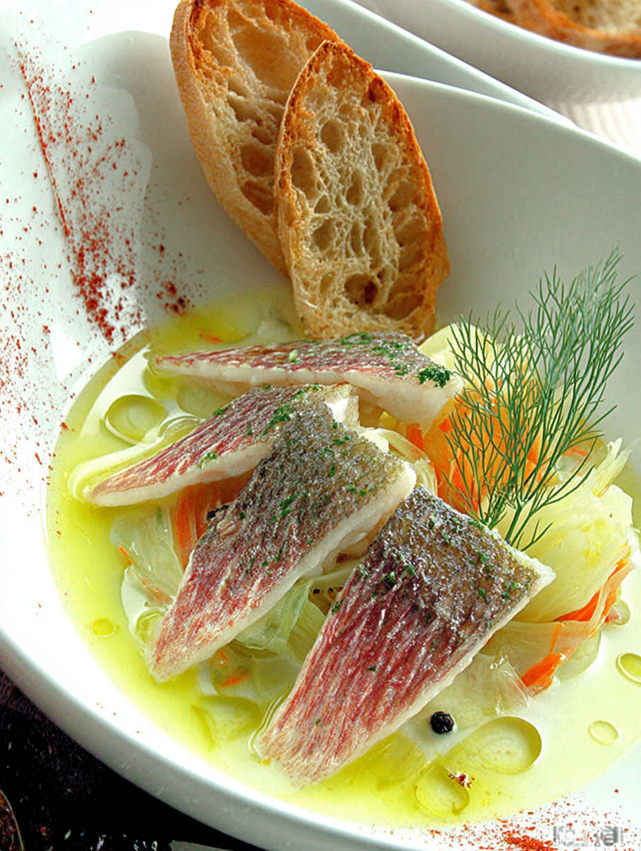 A plate of fish with a slice of bread on top.