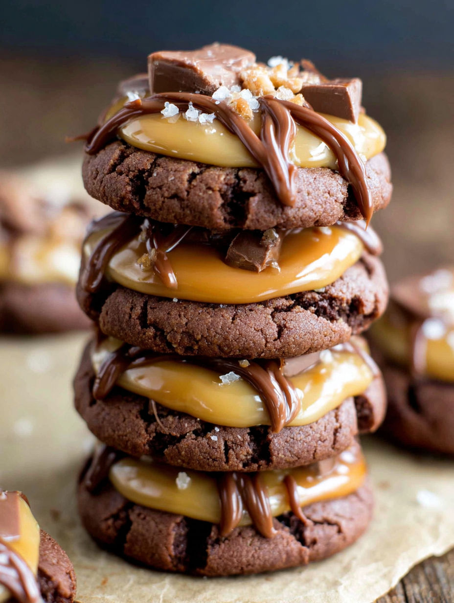A stack of chocolate and caramel cookies.