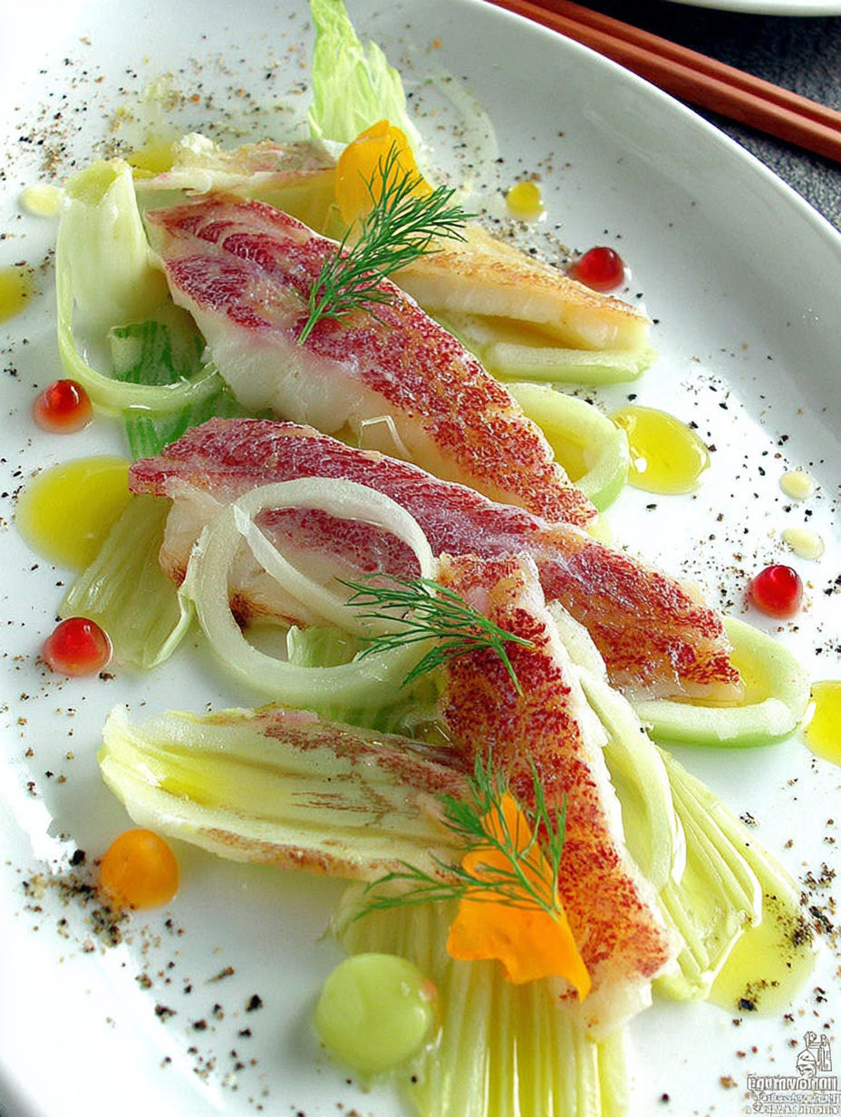 A plate of fish with onions and herbs.