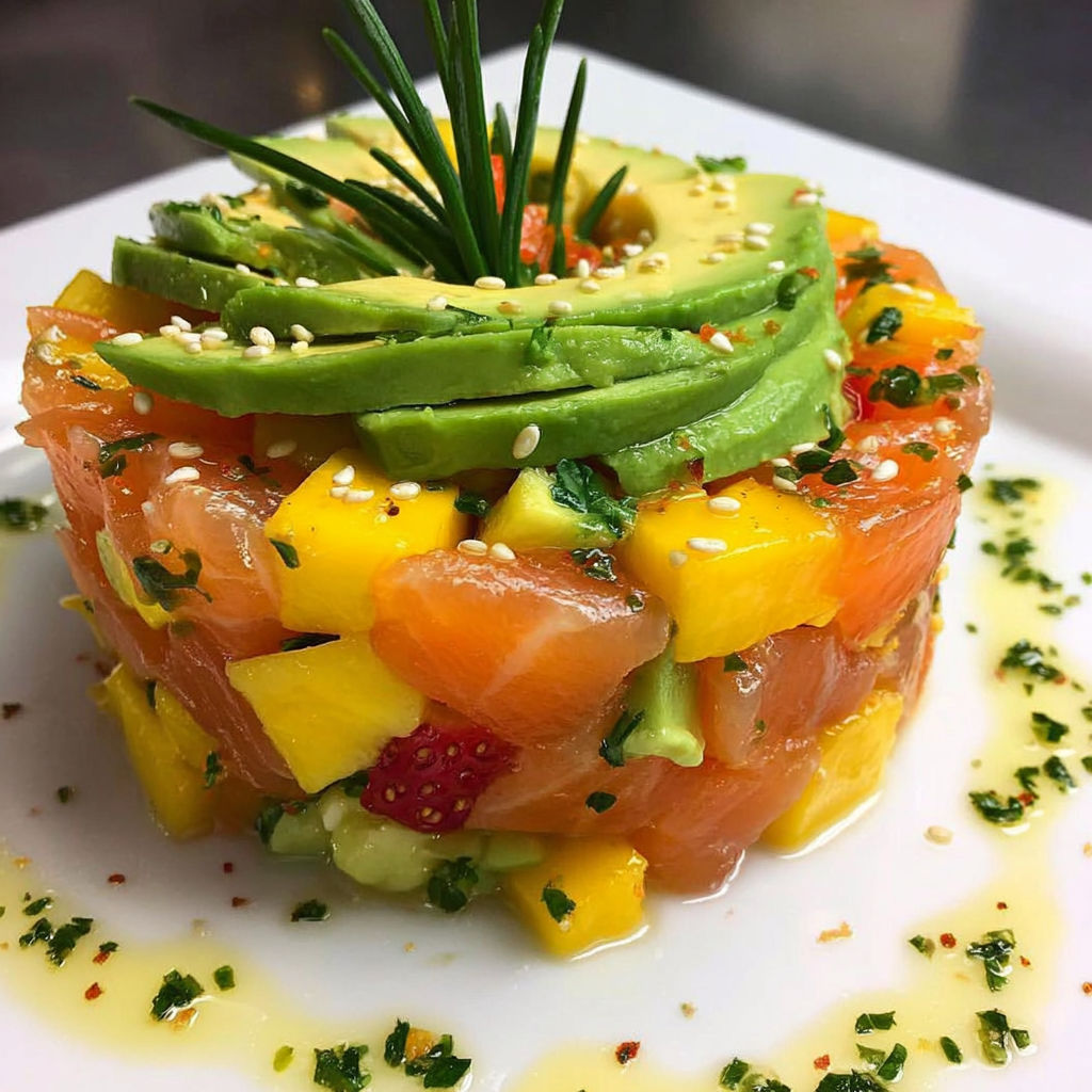 A plate of food with a slice of avocado, mango, and chili.