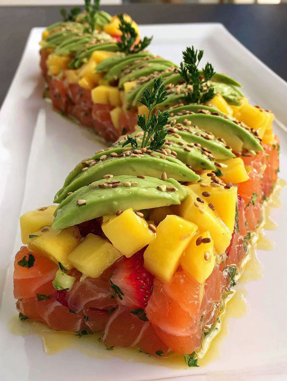 A slice of fish with a slice of mango on top.