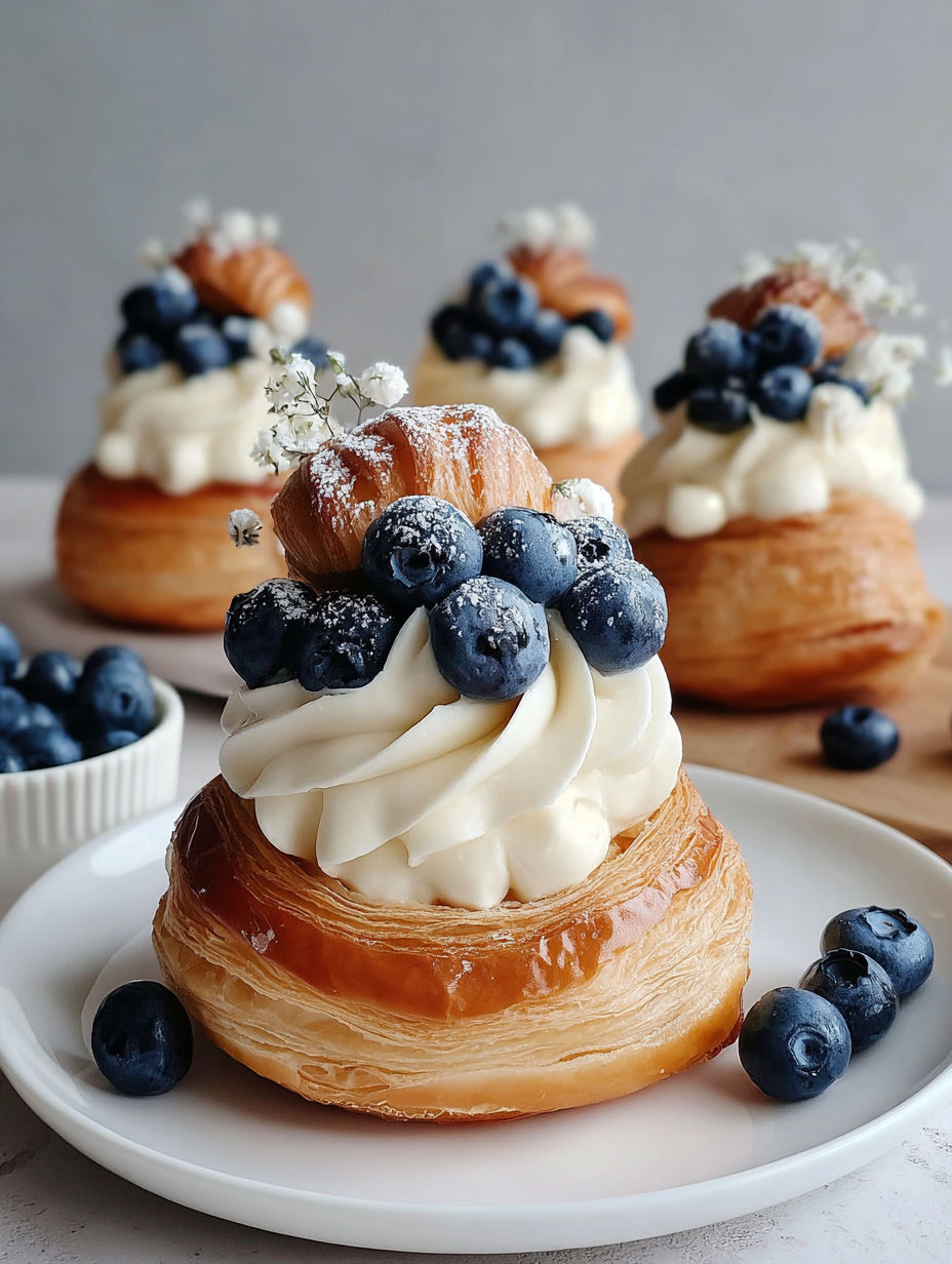 A plate of pastries with blueberries on top.