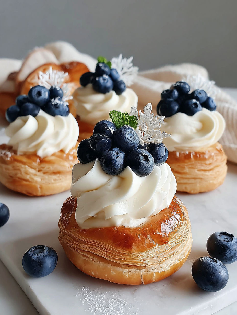 Blueberry cheesecake puff pastries on a plate.