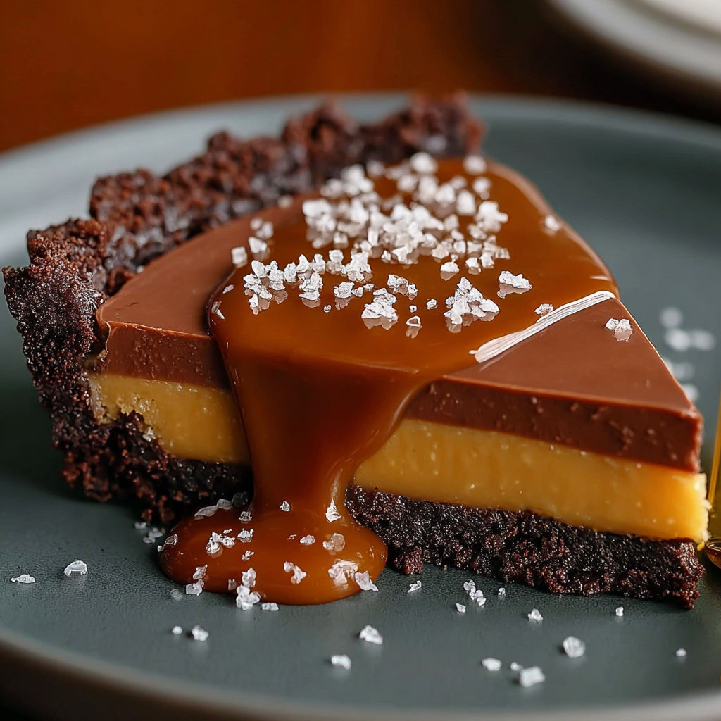A slice of chocolate cake with caramel drizzled on top.