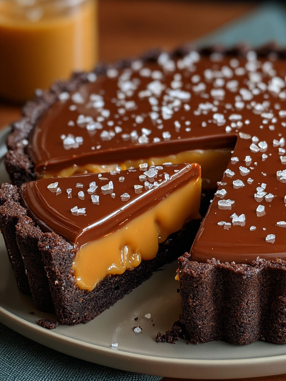 A slice of salted caramel chocolate tart.