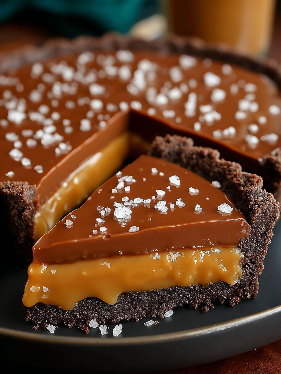A slice of chocolate tart with caramel drizzle.