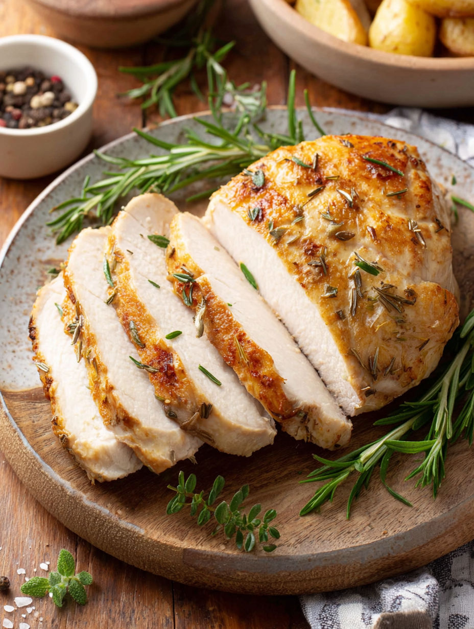 A piece of chicken with herbs on it.