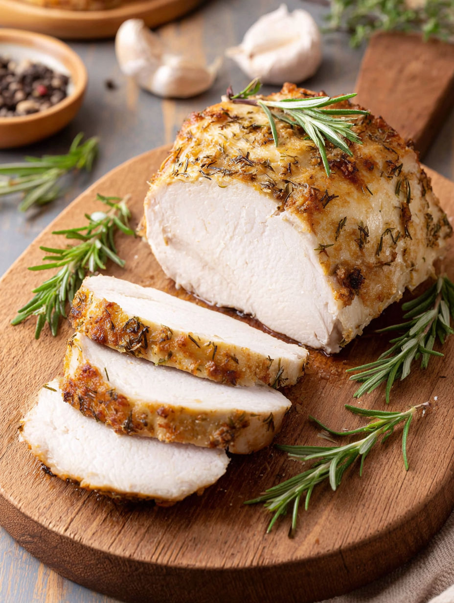 A piece of meat with herbs on it.