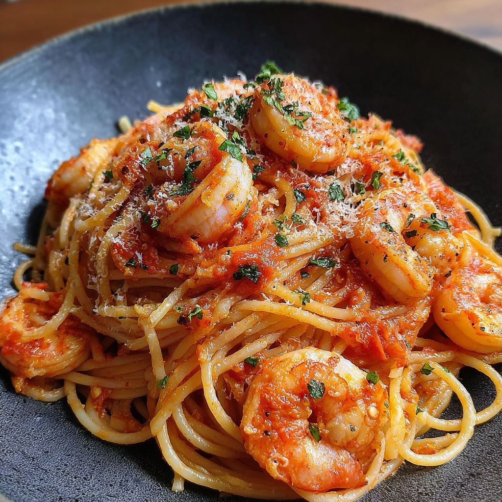 A bowl of spaghetti with shrimp and parsley.