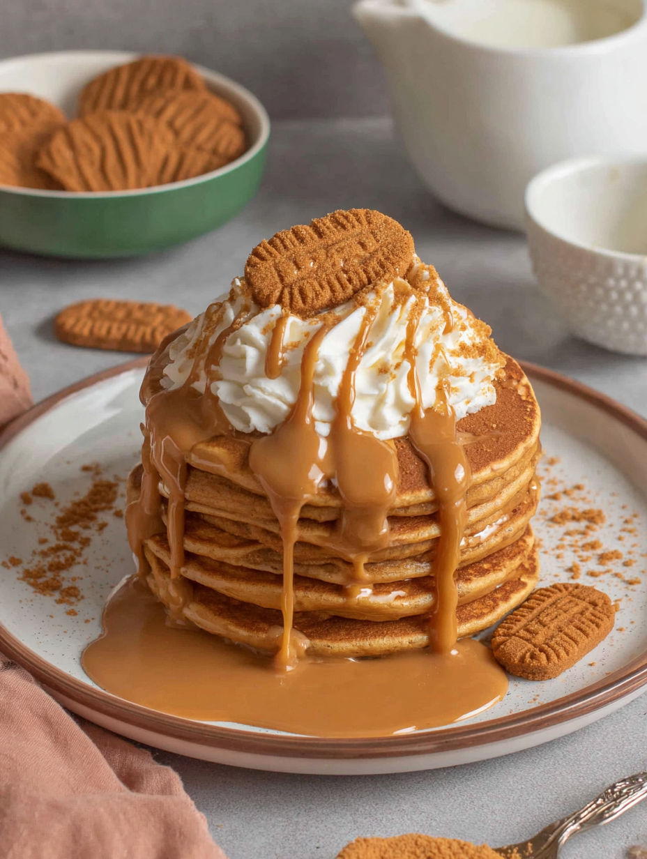 A stack of pancakes with syrup and whipped cream.