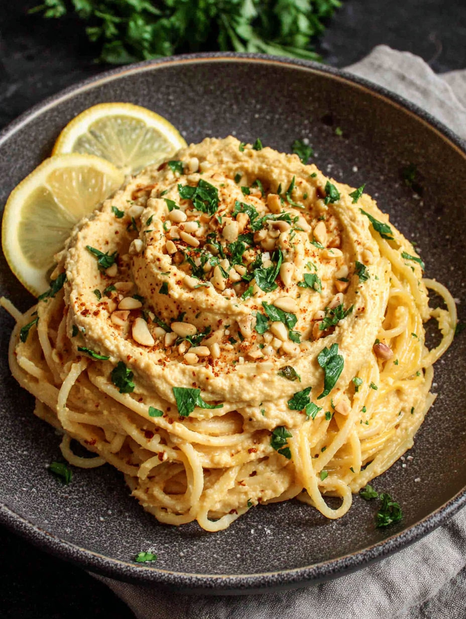 A plate of spaghetti with a lemon wedge on top.