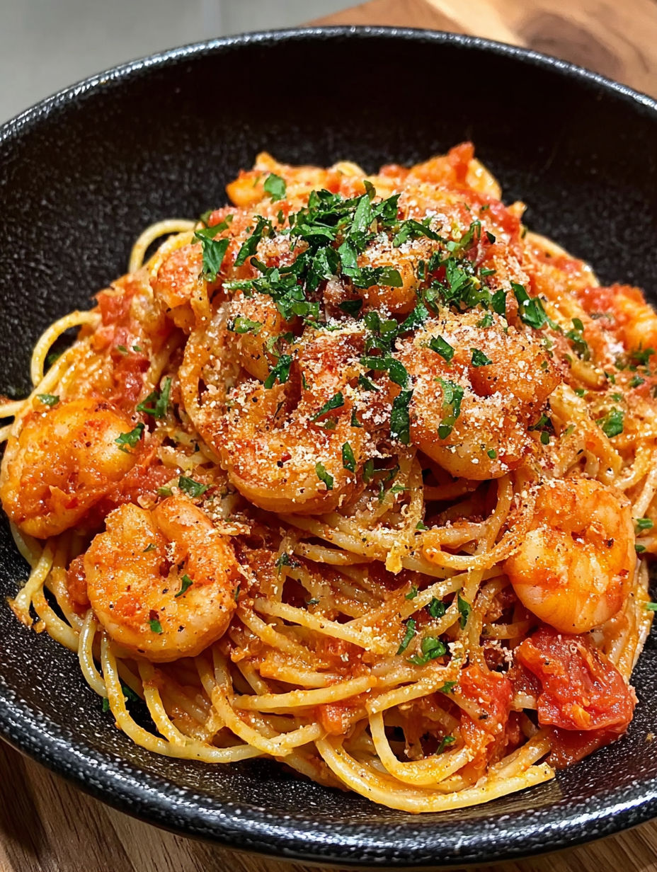 A bowl of spaghetti with shrimp and parsley.