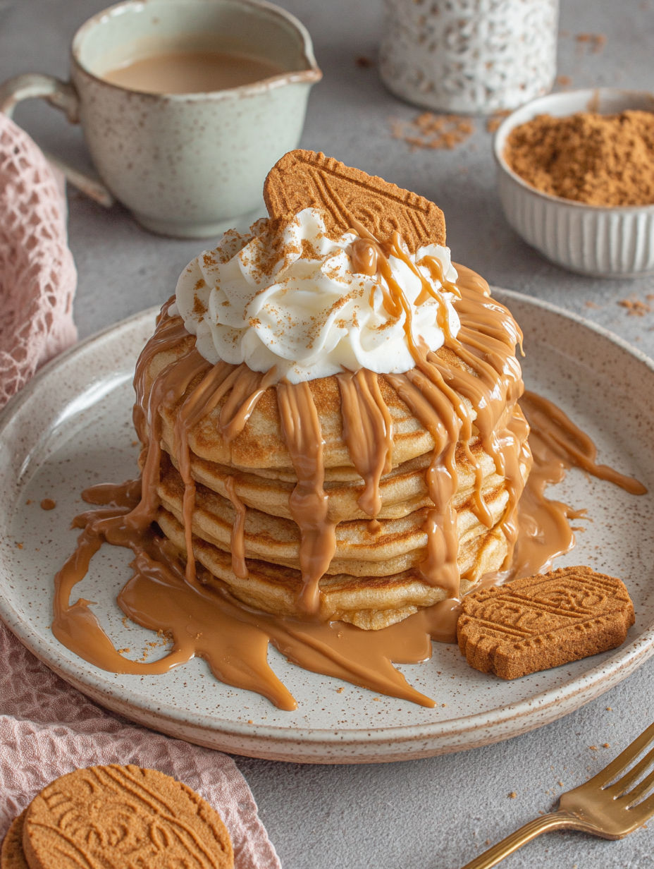 A stack of pancakes with whipped cream and caramel drizzled on top.