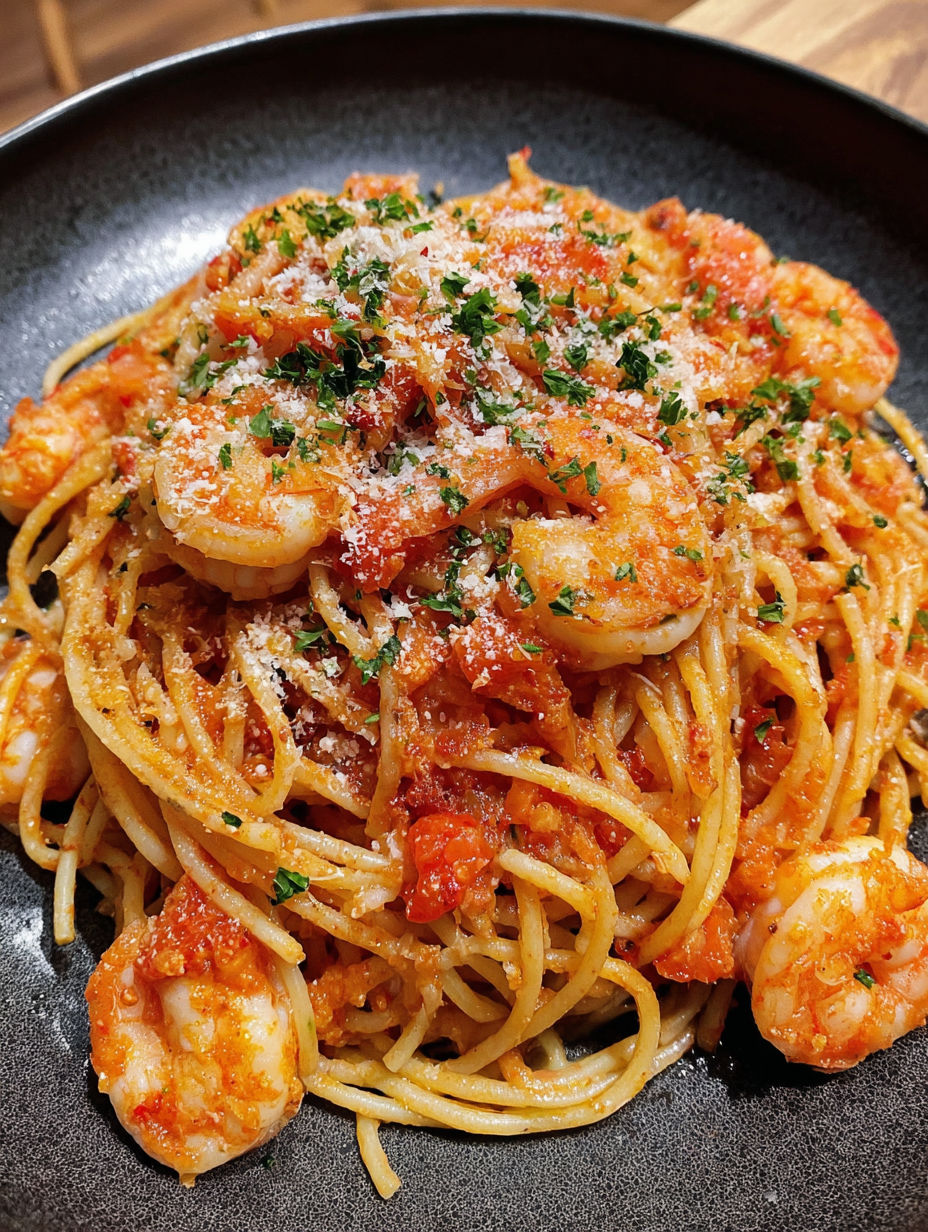 A plate of spaghetti with shrimp and parsley.