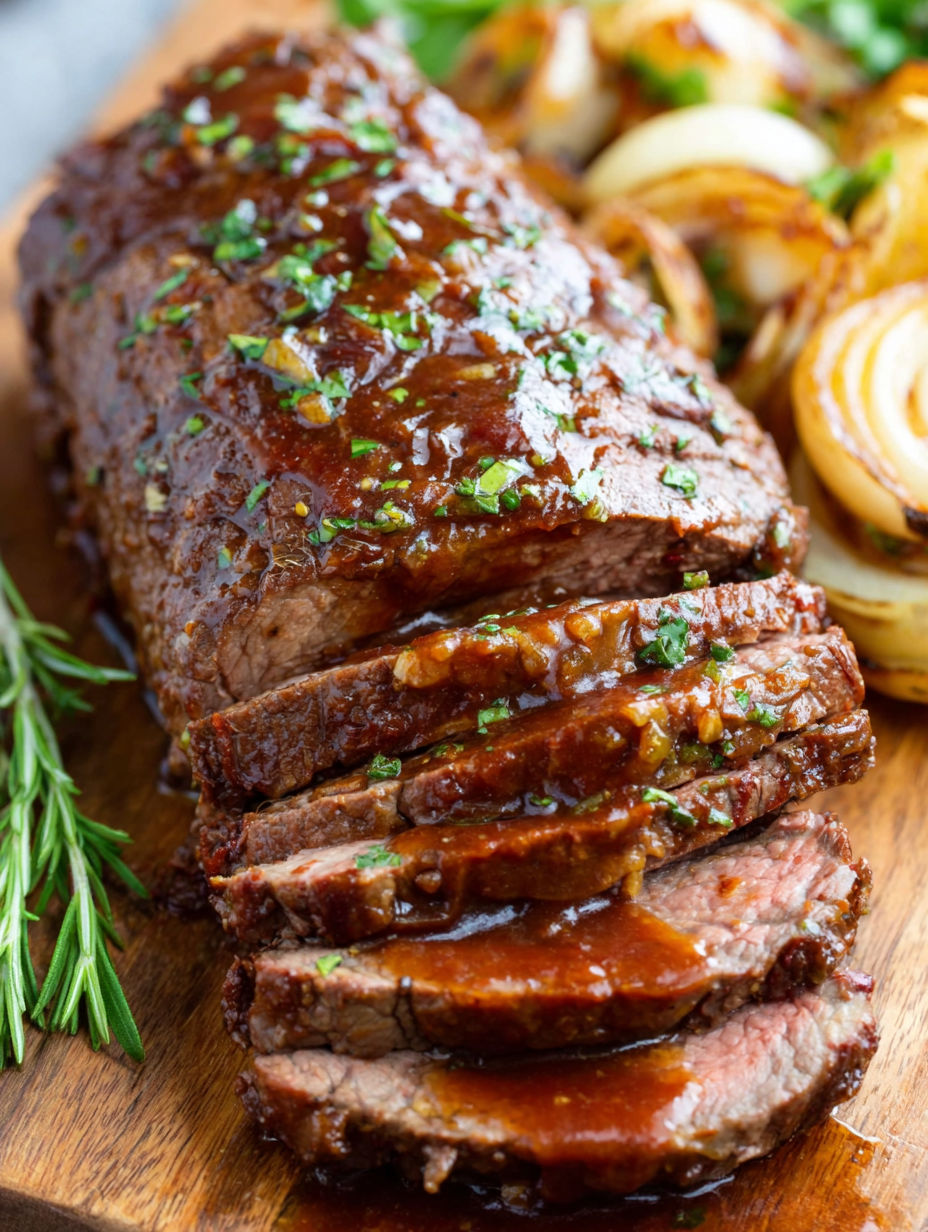 A piece of meat with a brown sauce on it.