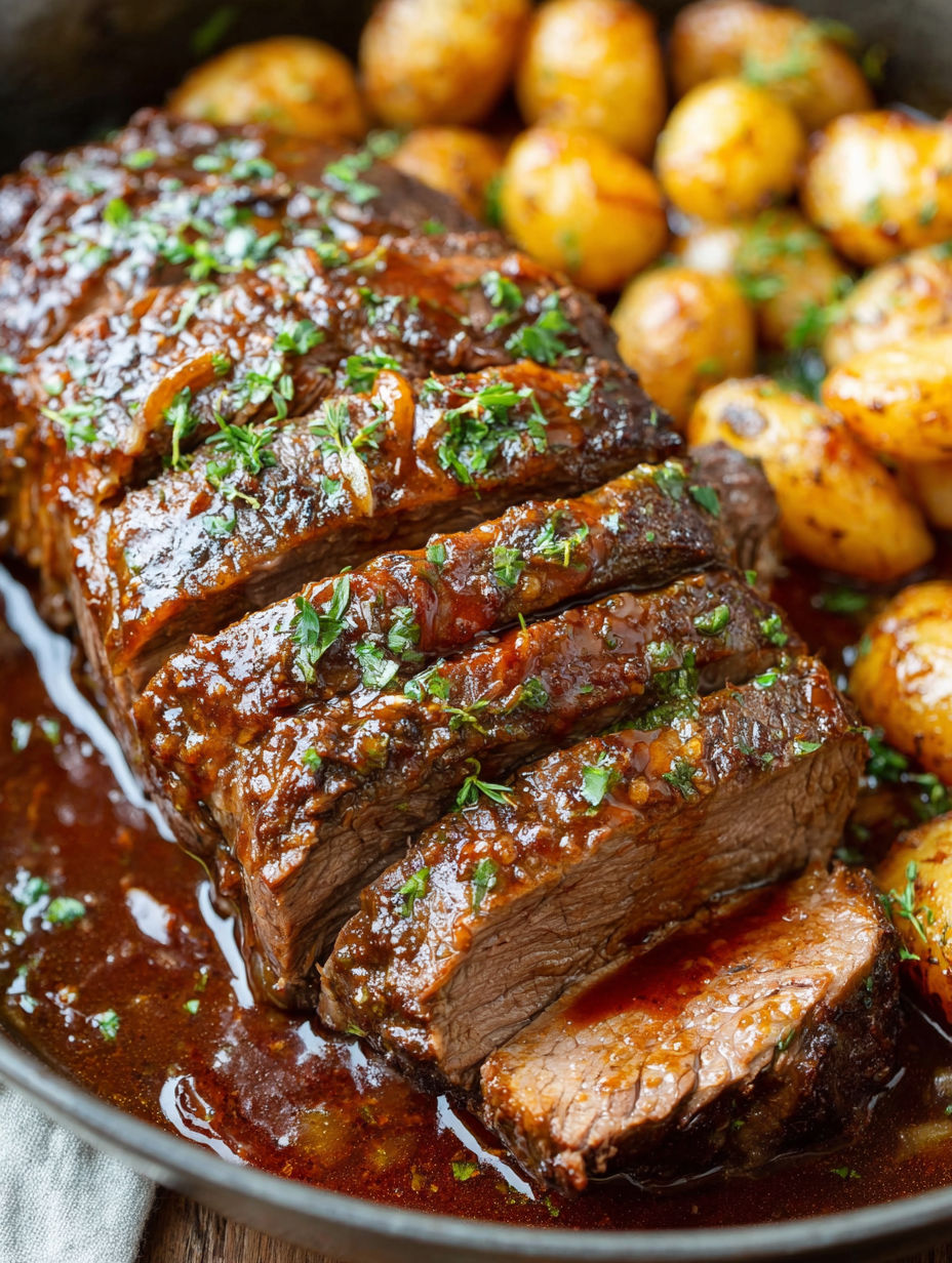 A delicious steak with potatoes and herbs.