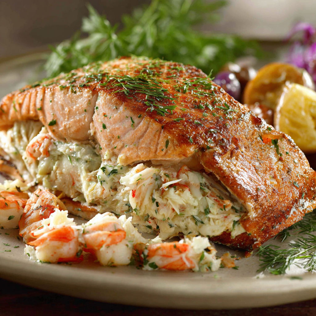 A plate of food with a crab and shrimp stuffed salmon.