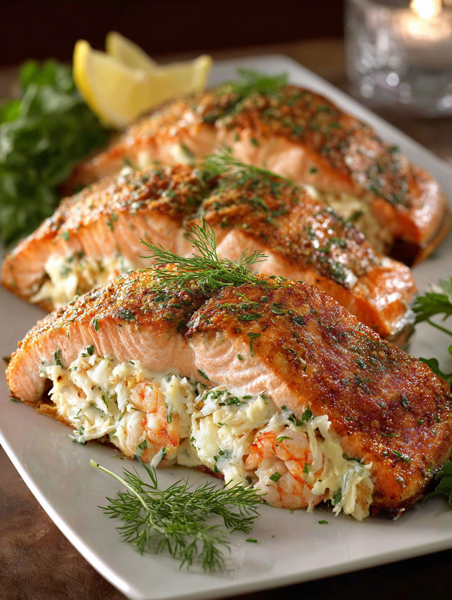 A plate of cooked salmon with crab and shrimp stuffing.