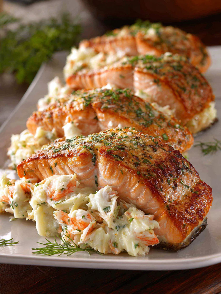 A plate of cooked salmon with crab and shrimp stuffing.