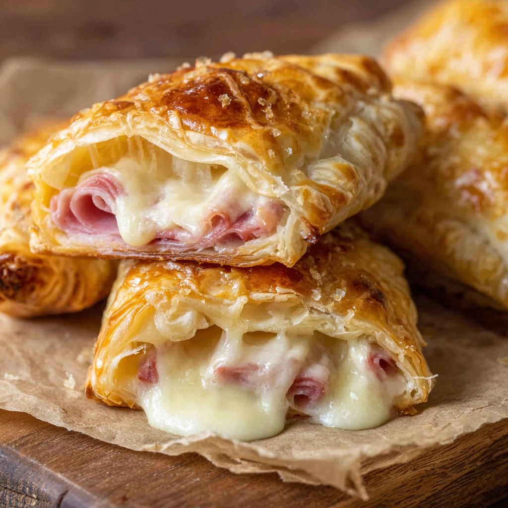 A close up of a pastry with cheese and meat.