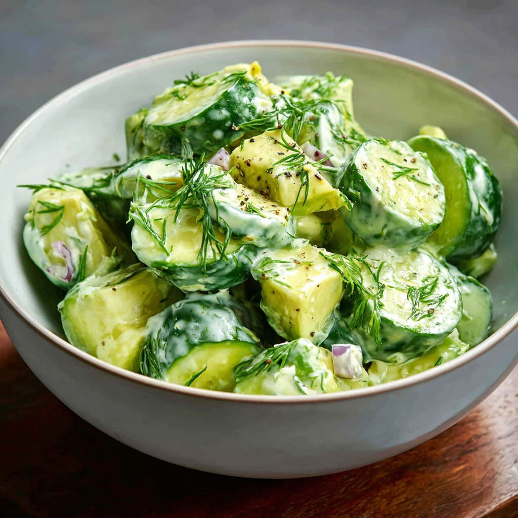 A bowl of cream gurken avocado salad.