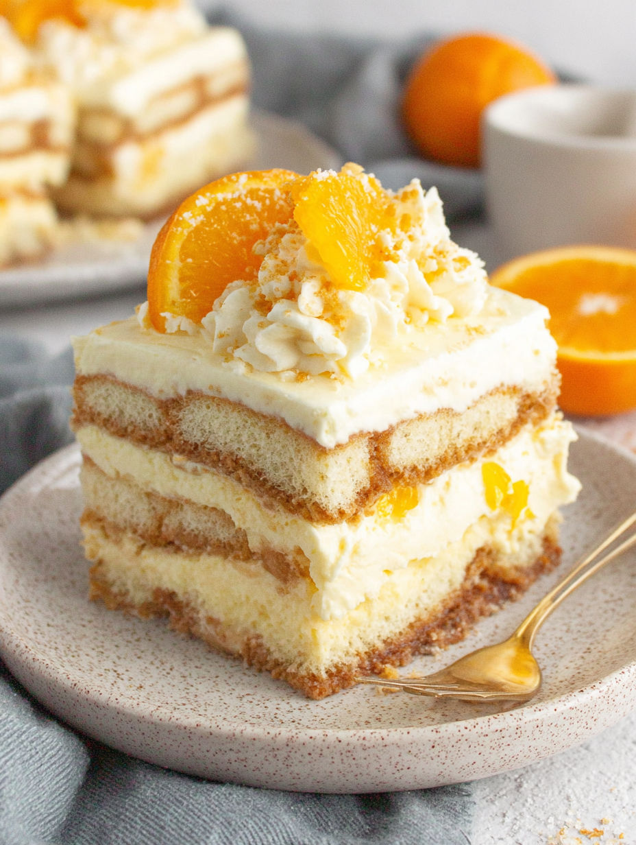 A slice of cake with orange slices on top.