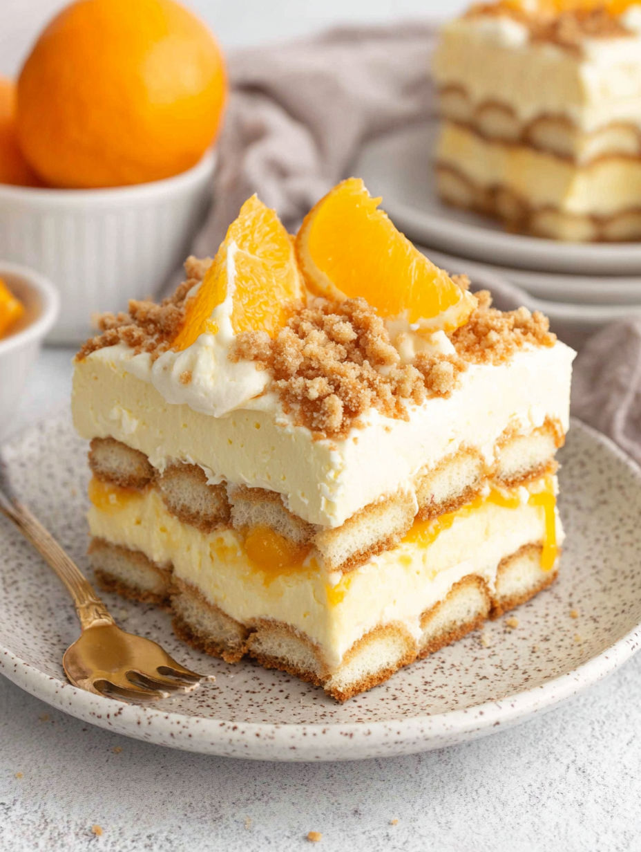 A slice of cake with orange slices on top.