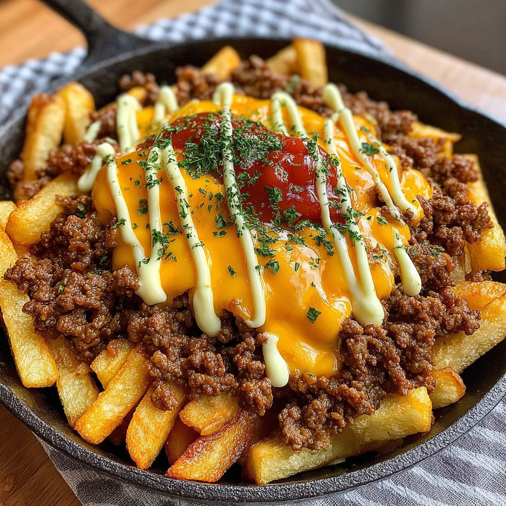 A plate of loaded fries with cheddar cheese and meat.