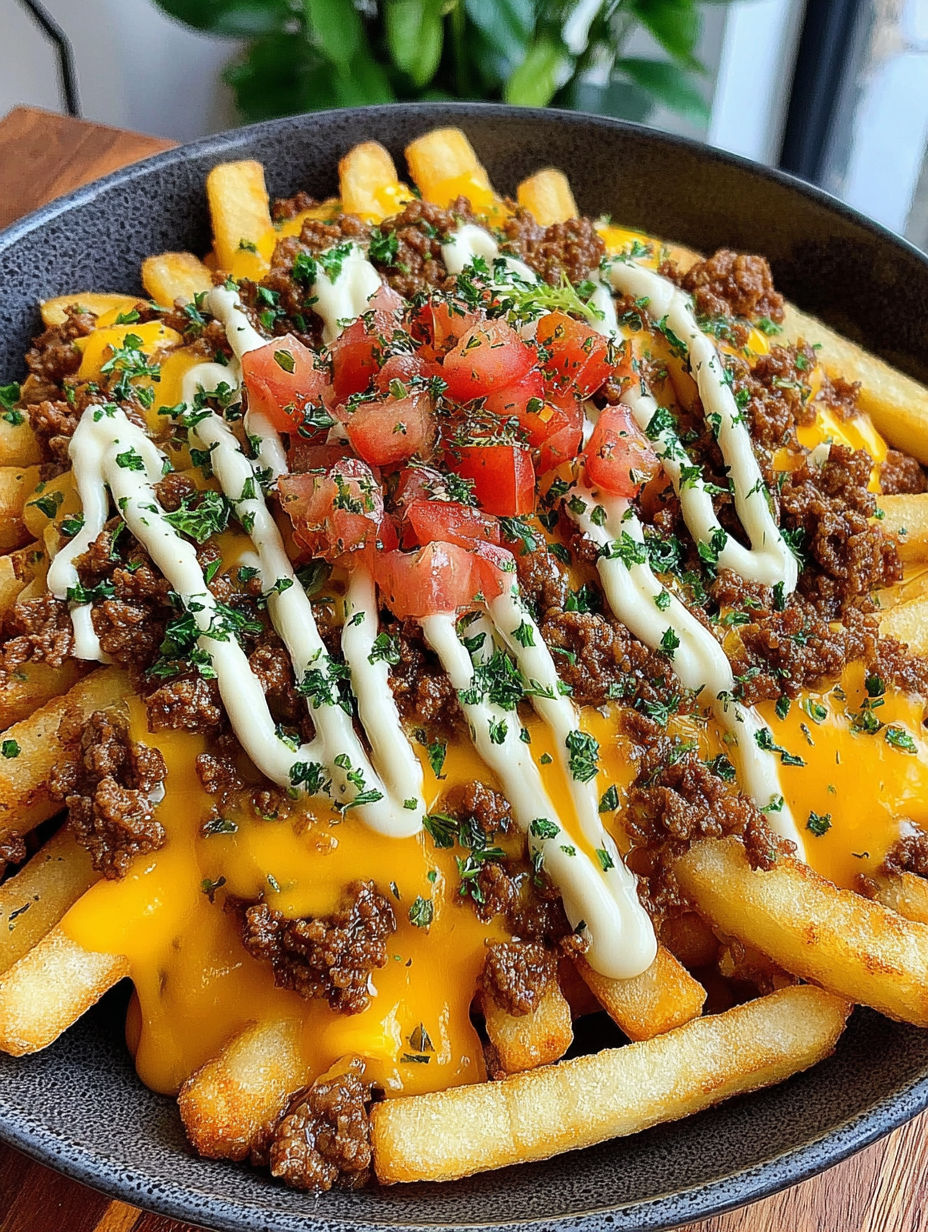 A plate of loaded fries with cheese and meat.