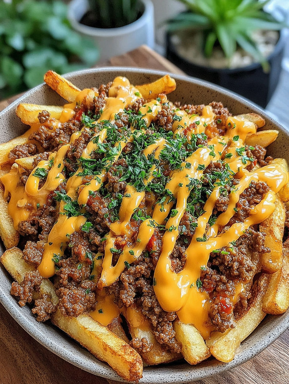 A bowl of loaded fries with cheddar cheese and meat.