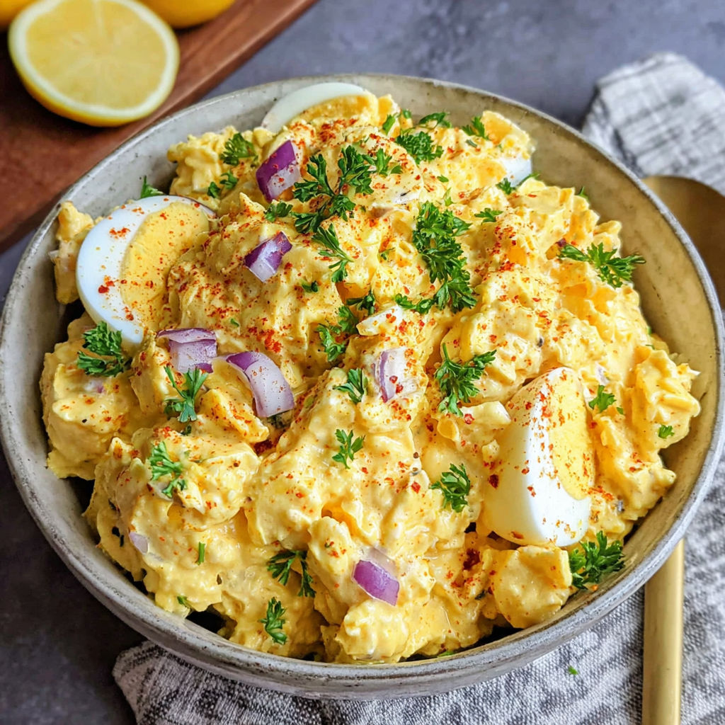 A bowl of food with eggs, onions, and lemon.