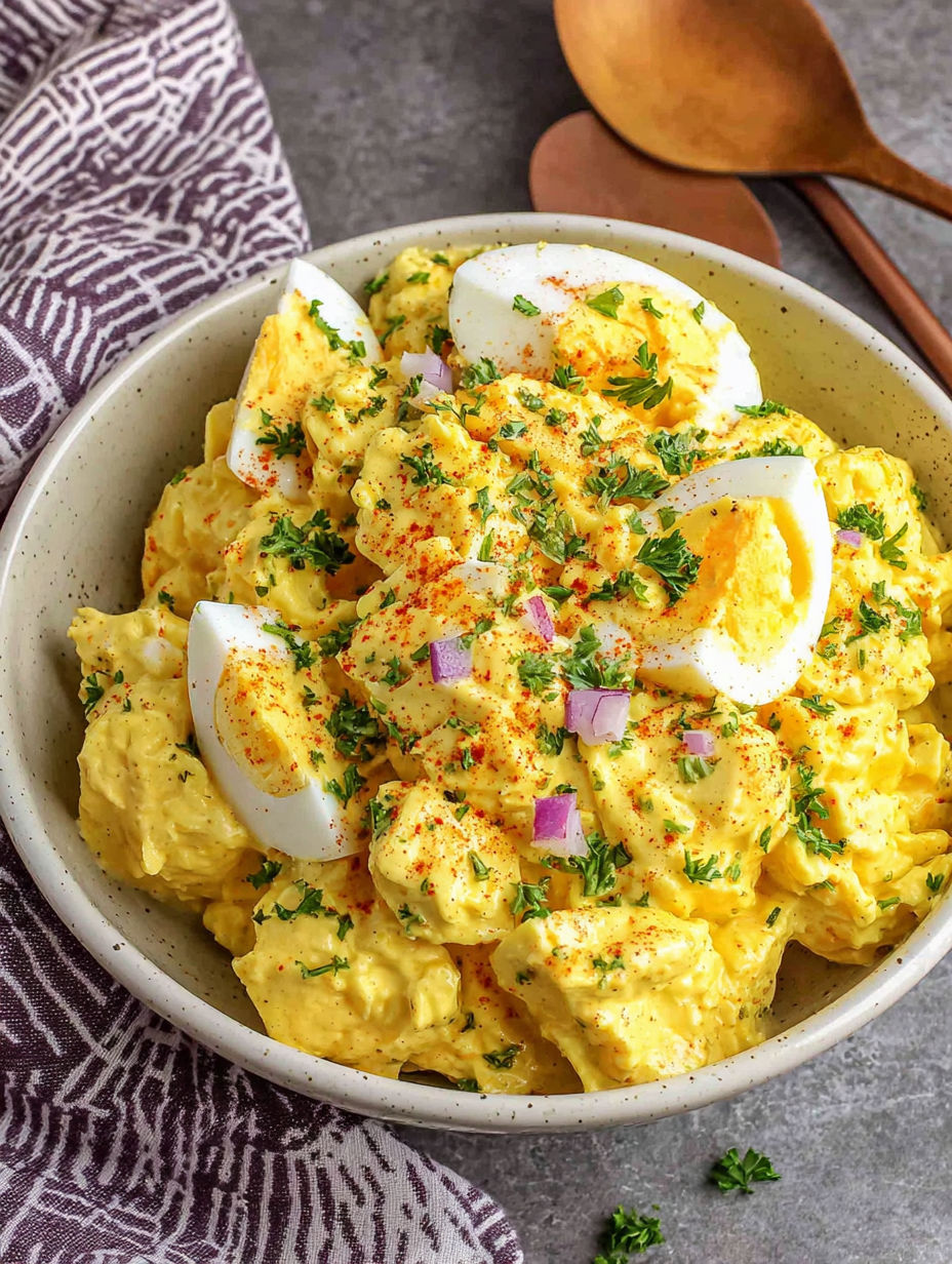 A bowl of food with eggs, onions, and peppers.
