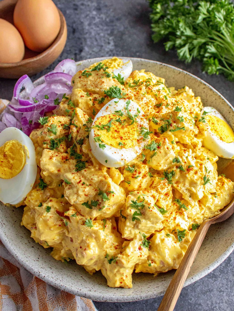 A bowl of food with eggs, onions, and peppers.