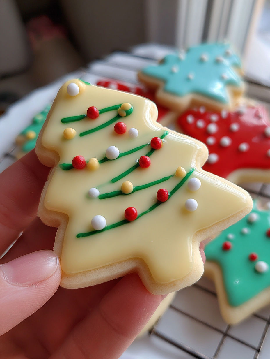 A hand holding a Christmas tree shaped cookie.
